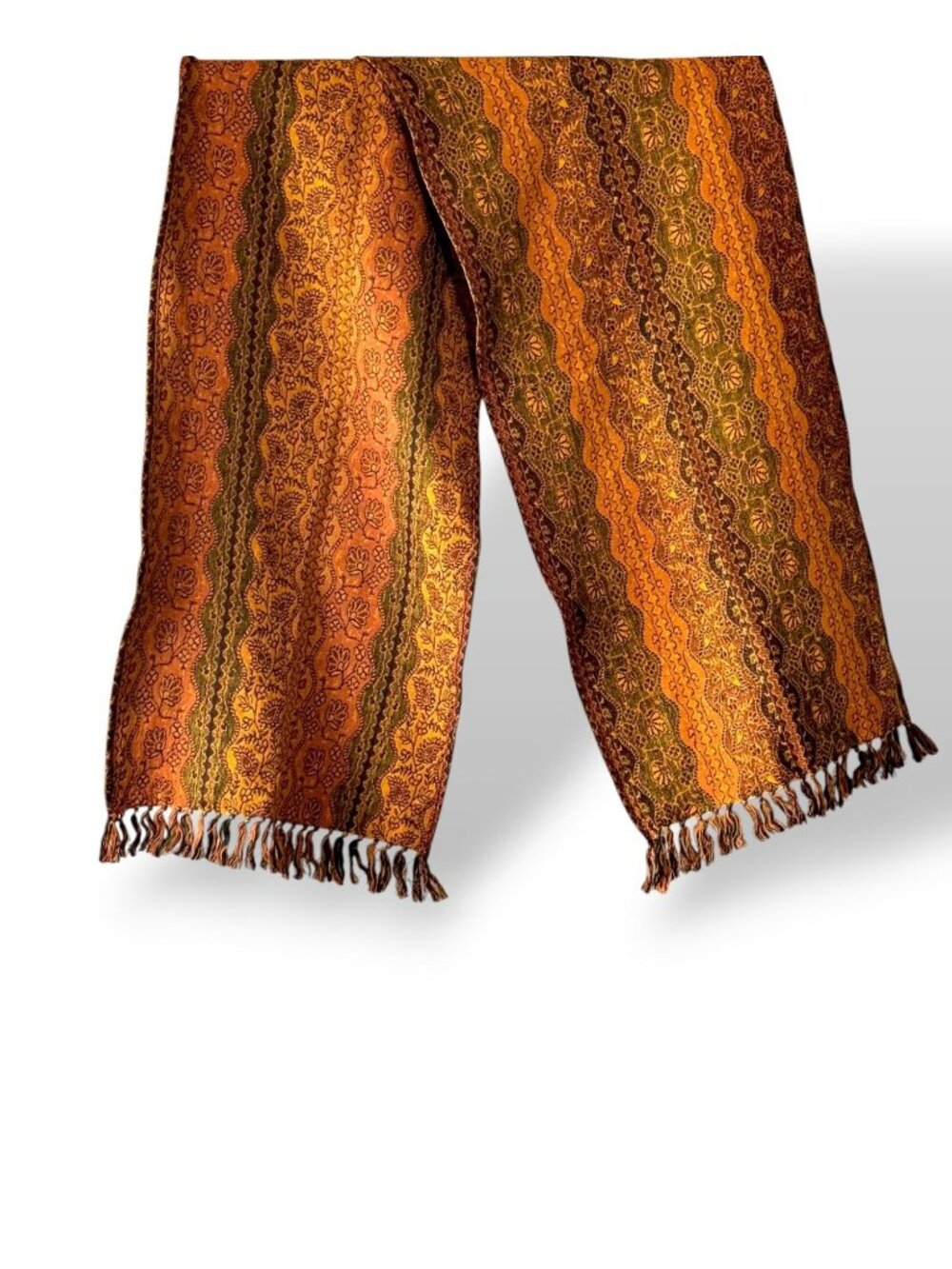 Woven 1990s Table Runner With Orange & Gold Floral Motif  Fringe Trim - 74 X 14